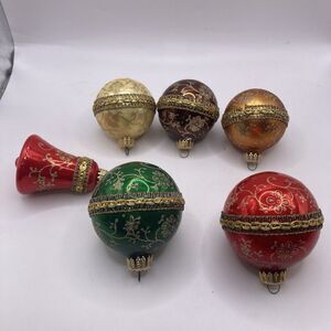 Lot Of 6 Vintage West Germany Ornaments Glitter Ribbon